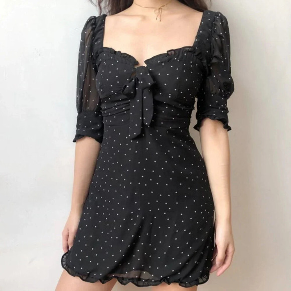 YesStyle Sinora Short-Sleeve Scoop Neck Dotted Mini Smock Dress - Picture 2 of 16